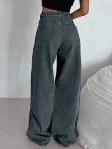 DAZY Women's High Waist Pocketed Wide Leg Loose Casual Versatile Jeans Y2k - Dusty Blue - View 4