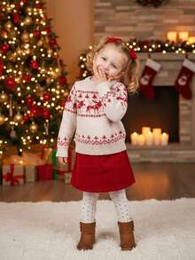 SHEIN Young Girl' Khaki Colored Fashionable Red Deer Pattern Crew Neck Long Sleeve Sweater Autumn Fall - Khaki - View 3