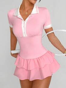 Sovereign Charm Women's Sporty Dress With Contrast Stripes, Ribbed Collar, Button Front, Short Sleeves, Ruched Bust, Double-Layer Ruffle Hem, Built-In Shorts With Pockets, Suitable For Casual Wear, Running, Yoga, Gym, Tennis, Golf, Spring/Autumn/Winter - Pink - View 1