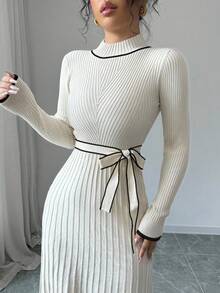 Rafferiza Elegancka, dopasowana sukienka z dzianiny, odpowiednia do dojazdów do pracy, spotkań towarzyskich, imprez, podróży, kempingu i aktywności na świeżym powietrzu. Sweter z dzianiny. Ubrania na jesień i zimę dla kobiet. - Morela - Zobacz 6