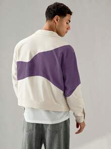 SWAVVY 男士休闲宽松灯芯绒拼接长袖衬衫，时尚日常穿着 - 紫色 - 查看 2