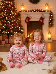 2pcs Girls Christmas Tree Print Long Sleeve Snug Fit Pajama Set, Pink Girls Christmas Pajamas Matching Pajama Set For Kids Gingerbread Pajamas - Baby Pink - View 7