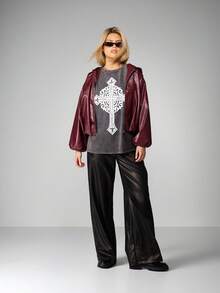 MISSGUIDED Oversized Langarm Grafik Kreuz Design Vintage gewaschenes Baumwollmischung Rundhals T-Shirt für Lässig Wear - marineblau - Übersicht 3