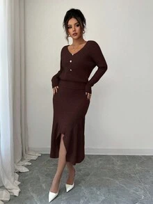 Selianne 女式纯色优雅金属蝙蝠装饰长袖毛衣和针织中长裙两件套 - 巧克力棕 - 查看 5