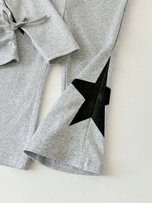 SHEIN 2-Pack Grey Baby Girl Casual Autumn Sports Retro T-Shirt With Star Pattern,Drawstring Hem & Flared Pants Set,Suitable For Work,School & Daily Use - Grey - View 6