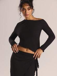 MUSERA Asymmetric Shoulder Long Sleeve Top With Tie Side Wrap Over Maxi Skirt Set Autumn Winter Co-Ord Casual Going Out Sexy Halloween Everyday Night Out Cute Cosy Tusk Christmas Party Elegant  Chic