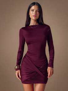 SHEIN BAE 秋冬女士性感褶饰紧身迷你连衣裙、酒红色鸡尾酒会礼服、性感派对礼服 - 酒紅色 - 查看 3