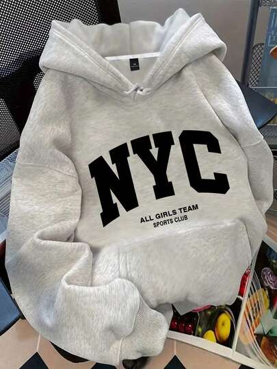 SHEIN MOOSTA Plus Size Women's Slogan Letter 'NYC ALL GIRLS TEAM SPORTS CLUB' City Name Graphic Print Thermal Drawstring Hoodie Graduation,Back To School,Graduation,Teacher,Back To School Pullover Fall Winter Autumn