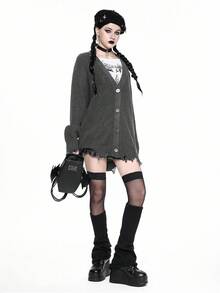 ROMWE Goth 女式哥特式休闲 V 领做旧下摆针织开衫宽松夹克上衣，秋冬 - 深灰色 - 查看 10