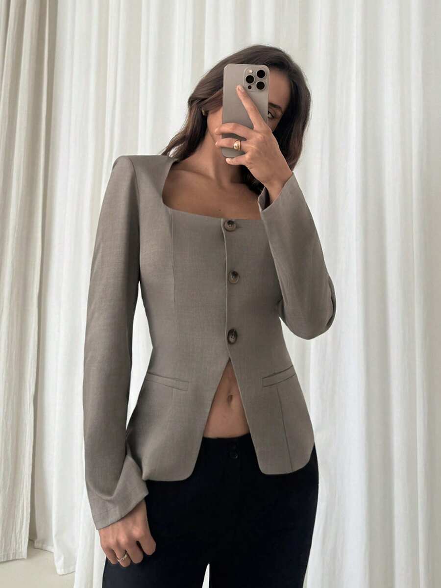 Aloruh Women's Shades Of Brown Square Collar Fitted Cropped Blazer,Elegant Office Business Casual Summer Thin Cardigan,Formal Autumn/Winter Clothes Top - Brown - View 1