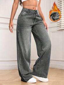 SHEIN PETITE Pantalones vaqueros de pierna ancha de unicolor con forro térmico, bolsillos y versátiles, para otoño/invierno - Gris - Ver 7
