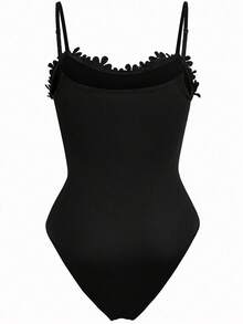 Rometta Plus Size Lace Strap Bodysuit Fashion Solid Color Bodysuit Suitable For Summer - Black - View 2