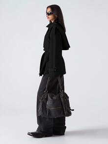 LYSMO Áo khoác trench coat trơn màu đa năng thời trang dành cho nữ - màu đen - Xem 3