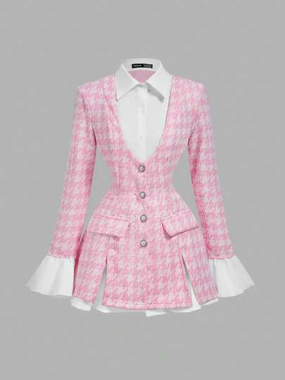 SHEIN MOD Women's 2 In 1 Pink Waist-Cinching Long Sleeve Flounced Lightweight Blazer , Business Casual, Office Wear , Elegant, College Students In Fall/Winter