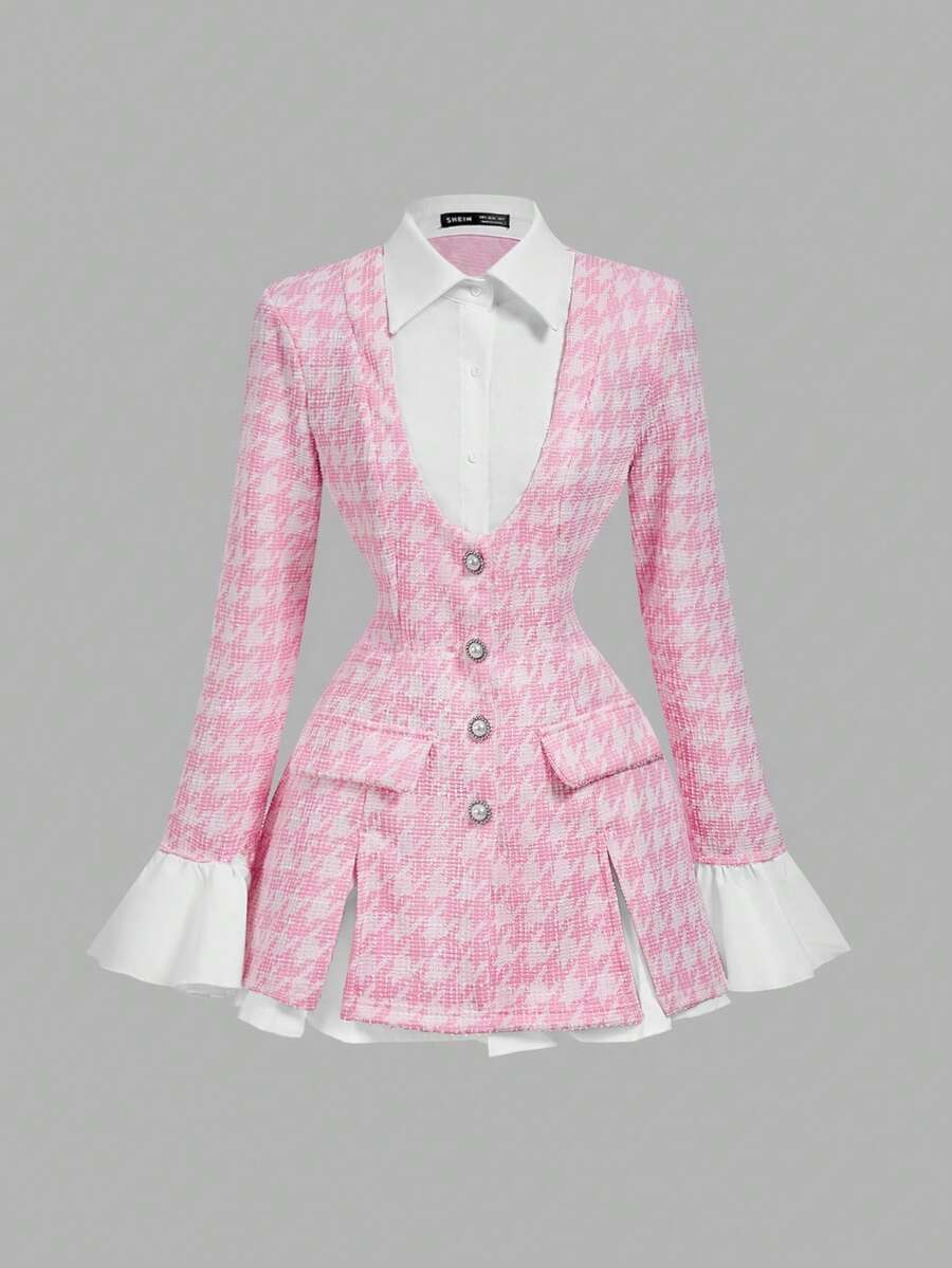 SHEIN MOD Women's 2 In 1 Pink Waist-Cinching Long Sleeve Flounced Lightweight Blazer , Business Casual, Office Wear , Elegant, College Students In Fall/Winter - Pink - View 1