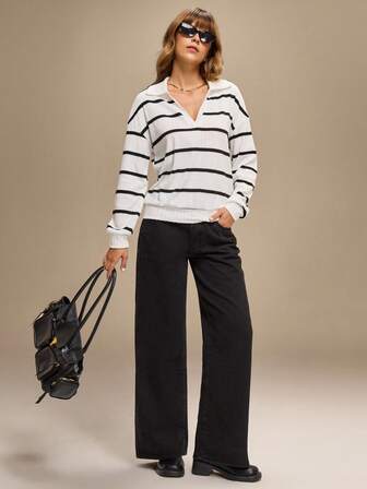 Hanevo 女士休闲条纹印花V领长袖卫衣