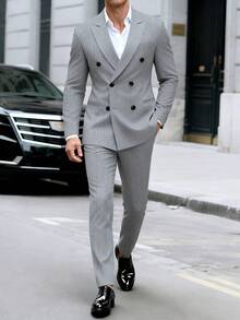 Manfinity Bizformal Men's Fashion Business Double-Breasted Suit Set (Jacket & Pants) Men Office Clothes Men Double Breasted Suit Men 2 Pieces Set Lapel Double Breasted Blazer Men Men Suit Set Grey Halloween Winter - Grey - View 1