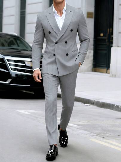 Manfinity Bizformal Men's Fashion Business Double-Breasted Suit Set (Jacket & Pants) Men Office Clothes Men Double Breasted Suit Men 2 Pieces Set Lapel Double Breasted Blazer Men Men Suit Set Grey Halloween Winter