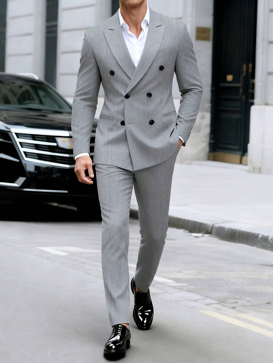 Manfinity Bizformal Men's Fashion Business Double-Breasted Suit Set (Jacket & Pants) Men Office Clothes Men Double Breasted Suit Men 2 Pieces Set Lapel Double Breasted Blazer Men Men Suit Set Grey Halloween Winter - Grey - View 1