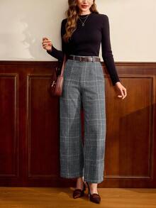 Vintamour 复古经典优雅女裤，修身格子长裤，配腰带和口袋，咖啡棕色，秋冬 - 黑色 - 查看 5