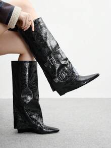 CUCCOO BIZCHIC Women's Fashion Versatile Square Toe Wedge Ankle Boots - Black - View 3