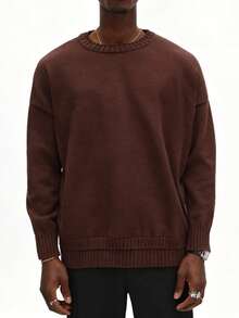SUMWON 男士针织毛衣长袖圆领套头衫秋冬休闲针织衫，男士仿叠层毛衣，INS 热销款式，假日完美之选，舒适厚实面料，极致保暖，纯色 - 棕色 - 查看 5