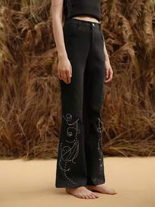 Aveloria Women's Twill Cotton-Blend Trousers, Regular Waistband With Rhinestone Embellishments At The Hem, Casual Everyday Style, Long Flared Trousers Black Pants    Party Pants - Black - View 7