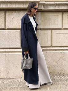 Aloruh Women's Barn Style Navy Blue Long Sleeve Pockets Long Trench Coat - Navy Blue - View 7