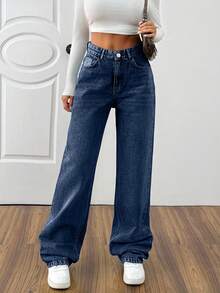 EURMUSE HIGH WAIST CASUAL STYLE DENIM STRAIGHT - Dark Wash - View 6