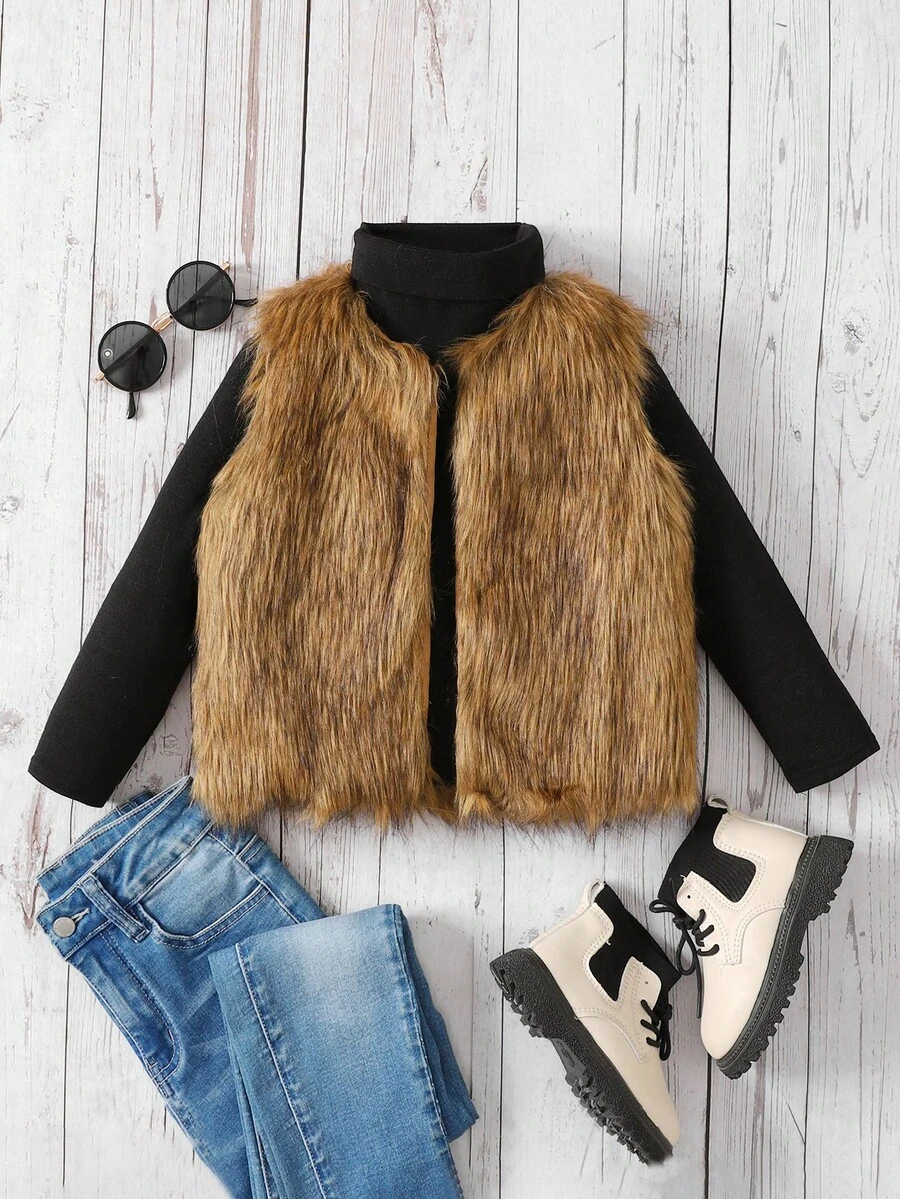 SHEIN Young Girl Furry Open Front Fuzzy Coat Sleeveless Vest - Rust Brown - View 1