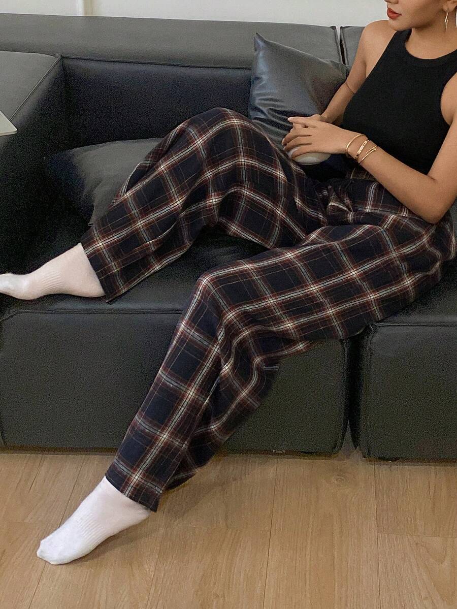 DAZY Women's Plaid Loose Pajama Bottoms, Autumn/Winter - Navy Blue - View 1