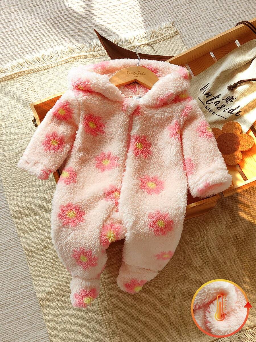 SHEIN Vintaside Kids 新生儿简约时尚可爱波尔卡圆点长袖连帽羊毛连体睡衣 - 粉色 - 查看 1