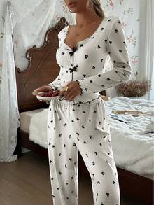 CottageSlumber Women's Romantic Lace Fitted V-Neck Cherry Print Top & Pants Pajama Set, Fall & Winter Clothes - Multicolor - View 5