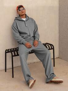 DAZY Men's Solid Gray Thickened Half-Zip Hoodie Set, Autumn/Winter - Grey - View 1