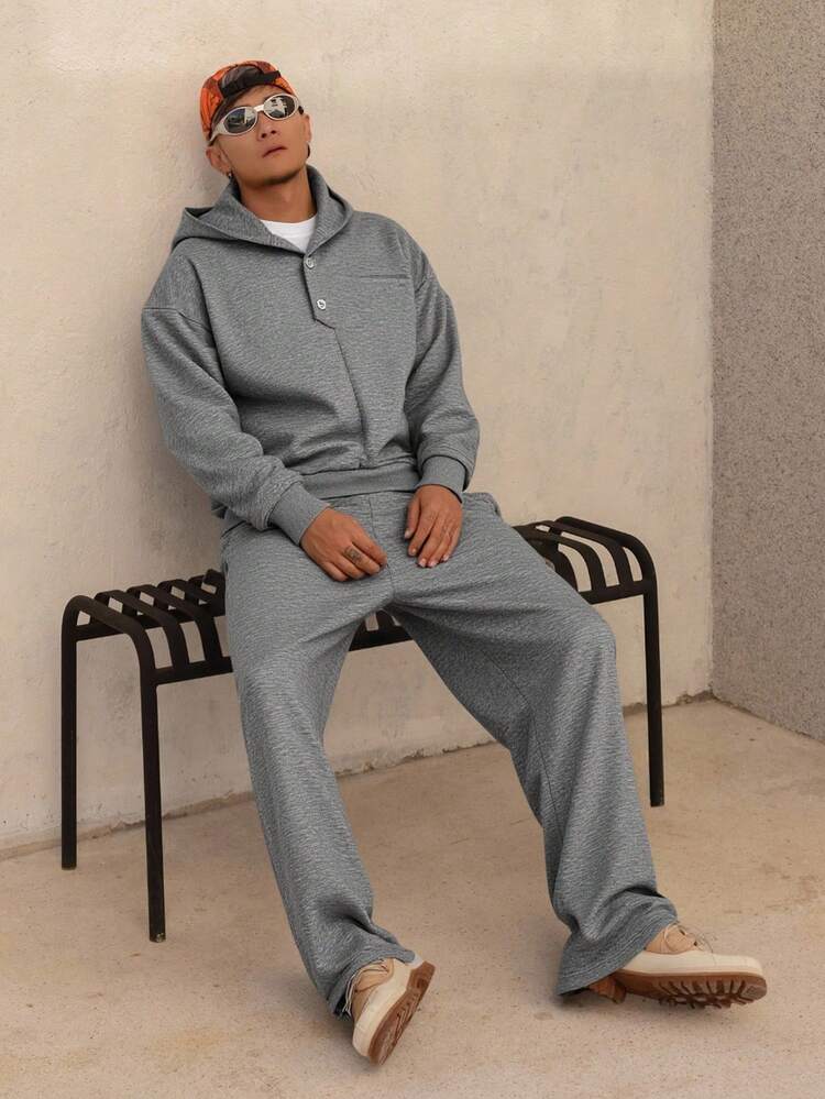 Men's Solid Gray Thickened Half-Zip Hoodie Set, Autumn/Winter