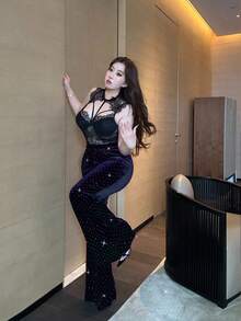 Flirla Pantalones de pierna acampanada con ajuste ceñido y adornos de strass negros para tallas grandes - Azul Marino - Ver 4