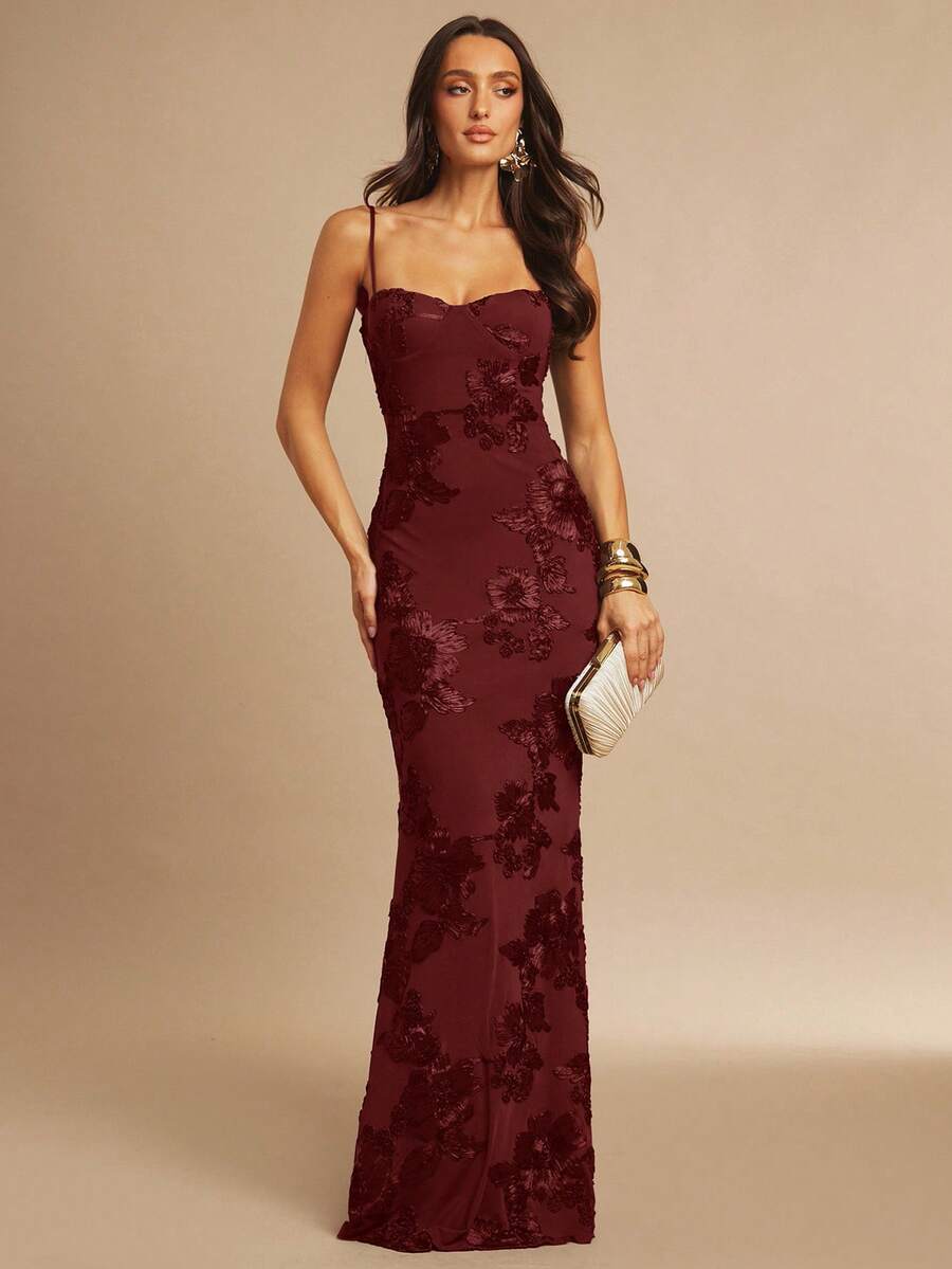 Silquee 3D Floral Sexy Bodycon Slip Dress,Red Dress,Christmas,New Year Dress,Dresses For Women Elegant - Burgundy - View 1