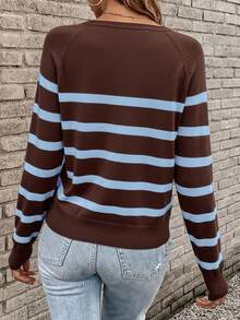 Easowa 秋冬休闲黑白条纹圆领插肩袖女式毛衣 - 棕色 - 查看 7