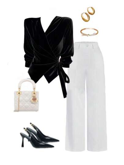 GlowEve 女士纯色时尚V领丝绒系带长袖上衣