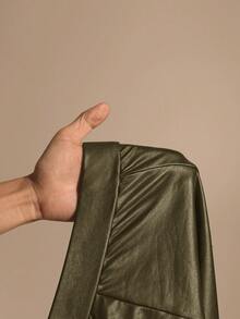 Hourglow Pantalones de otoño para mujer, pantalones de cintura alta de unicolor de piel sintética de talla grande para mujer, para la temporada de otoño/invierno, para silueta de reloj de arena - Verde - Ver 11