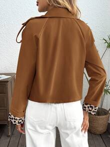 SHEIN LUNE Manteau court trench-coat à double boutonnage, avec patchwork imprimé léopard sur les poignets, pour femmes