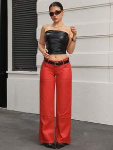SHEIN Unity Women's Solid Color Low-Waist Straight Leg Pants, Suitable For Commuting - Red - View 6