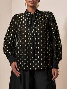 EMERY ROSE Plus Size Women's Vintage Elegant Commute & Party Series Black Gold Foil Chiffon Stand Collar Bowknot Decor Puff Sleeve Double-Breasted Shirt, Loose Fit Long Sleeve Blouse - Black - View 4