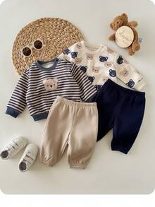 新生男宝宝可爱卡通图案针织长袖卫衣裤套装，秋冬款 - 彩色 - 查看 4