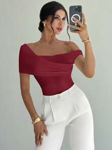 Firerie Women's Elegant Minimalist Chic Fashion Sexy Daily Commute Music Festival Vacation Asymmetric Neck Draped Cropped White Top, Spring/Summer,Red Tops For Women - Burgundy - View 3