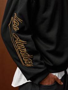 SWAVVY Men's Casual Slogan Embroidered Round Neck Drop Shoulder Long Sleeve Pullover Sweatshirt, Autumn/Winter - Black - View 5