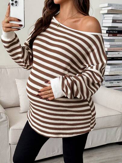 SHEIN Maternity Casual Striped Asymmetric Collar T-Shirt, Autumn