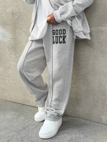 Coolane Kids Tween Boys Fall/Winter Basic Streetwear Slogan Print Drawstring Waist Casual Sweatpants, For Back To School,Parent-Child Clothing,Christmas,New Years - Grey - View 1