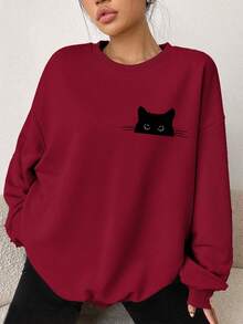 SHEIN EZwear 可爱黑猫偷窥图案休闲简约酒红色圆领加厚宽松长袖卫衣，适合秋冬季新年派对 - 酒紅色 - 查看 7