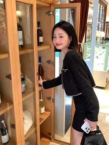 DAZY 两件套韩版女式缀饰吊带连衣裙配外套 - 黑色 - 查看 1